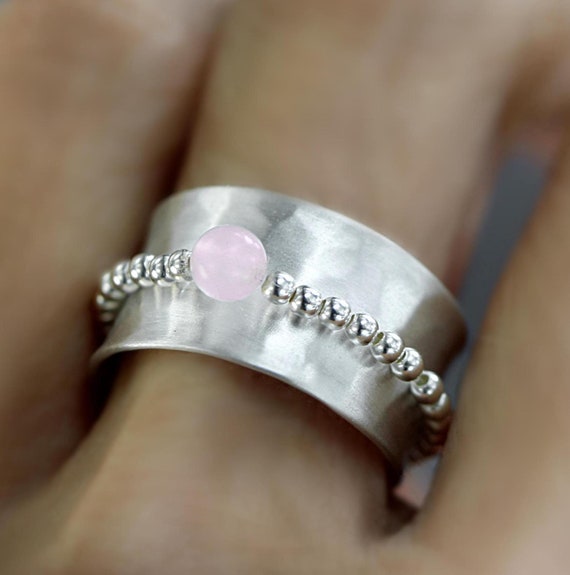 Pink Dyed Rose Quartz Wide Band Ring Hammered Sterling Silver, 8 Pink Dyed Rose Quartz Wide Band Ring Hammered Sterling Silver, 8