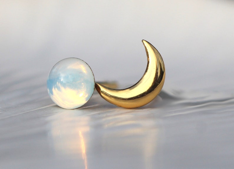Tiny Gold moon & glass opal stud earrings. Mismatched dainty earrings for her. Sterling gold plated. image 1