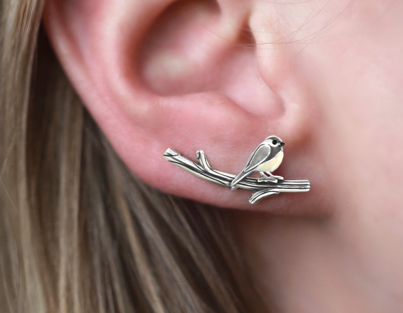 New: Chickadee bird ear climbers. Sterling Silver & enamel. Just 1 ear hole needed. Black capped chickadee. Unique gift for her. 画像 3