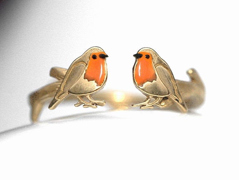 Bague ouverte Red Robin. Or sur argent sterling et émail orange. Bague oiseau unique inspirée de la nature pour elle. image 2