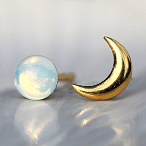 Tiny Gold moon & glass opal stud earrings. Mismatched dainty earrings for her. Sterling gold plated. image 3