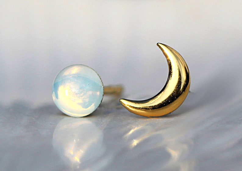 Tiny Gold moon & glass opal stud earrings. Mismatched dainty earrings for her. Sterling gold plated. image 3