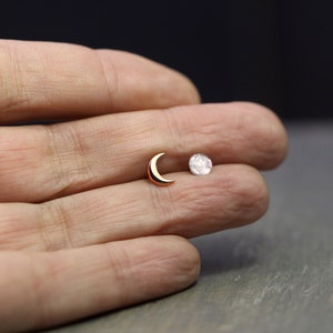 Tiny Rose Gold moon & glass opal stud earrings. Mismatched dainty earrings for her. Sterling rose gold plated. image 4