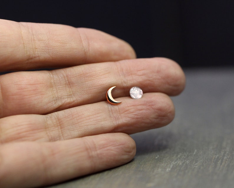 Tiny Rose Gold moon & glass opal stud earrings. Mismatched dainty earrings for her. Sterling rose gold plated. image 4