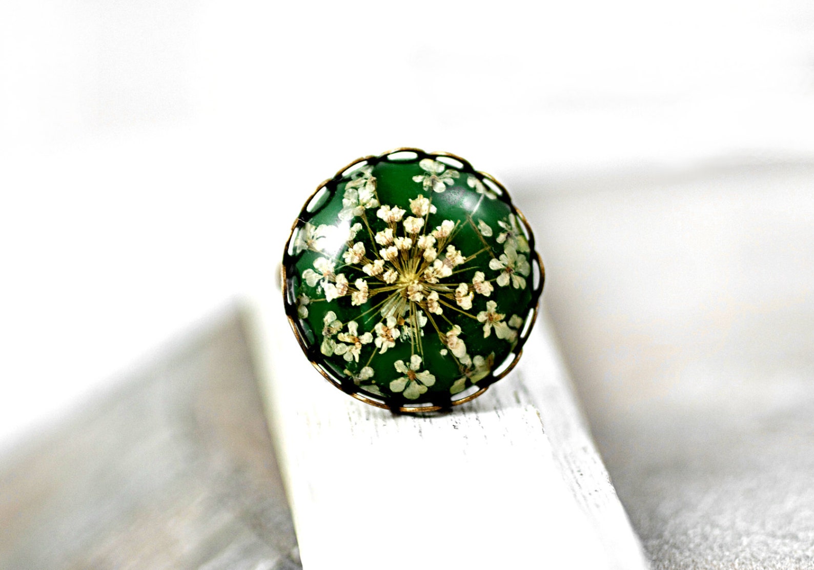 Grass Green Ring with real dried flowers bronze color ring Etsy