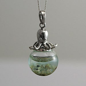 Sterling octopus seawater necklace. 925 sterling octopus carrying glass orb filled with seawater and tiny pebbles. Sterling necklace. image 6