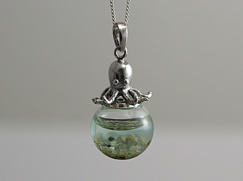 Sterling octopus seawater necklace. 925 sterling octopus carrying glass orb filled with seawater and tiny pebbles. Sterling necklace. image 6