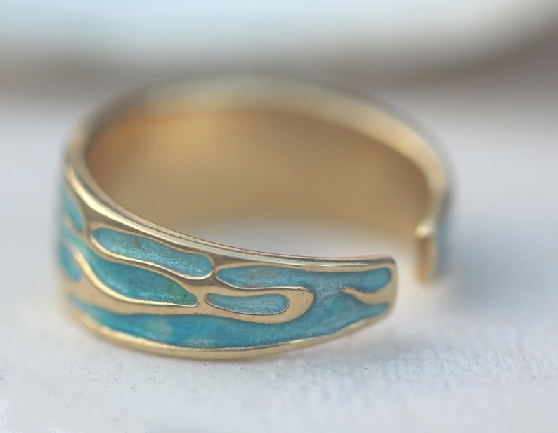Ocean Ring. 18k gold plated sterling silver. Enamel in shades of turquoise. Unique handmade ring for women. Waterproof. image 4