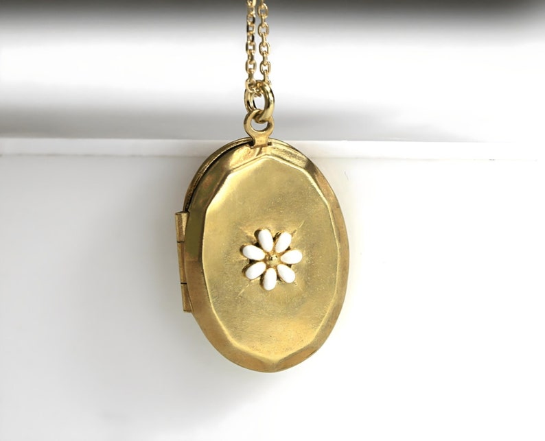 Daisy photo locket necklace. Silver daisy on vintage pendant. Gold plated sterling necklace. Dainty gift for her. image 1