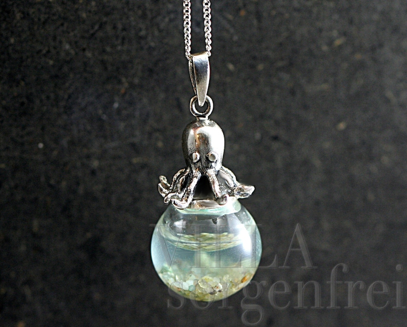 Sterling octopus seawater necklace. 925 sterling octopus carrying glass orb filled with seawater and tiny pebbles. Sterling necklace. image 2