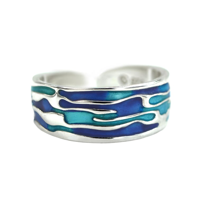 Ocean Ring. Sterling Silver ring with embedded blue turquoise waves. Enameled. Unique handmade holiday gifts. image 8