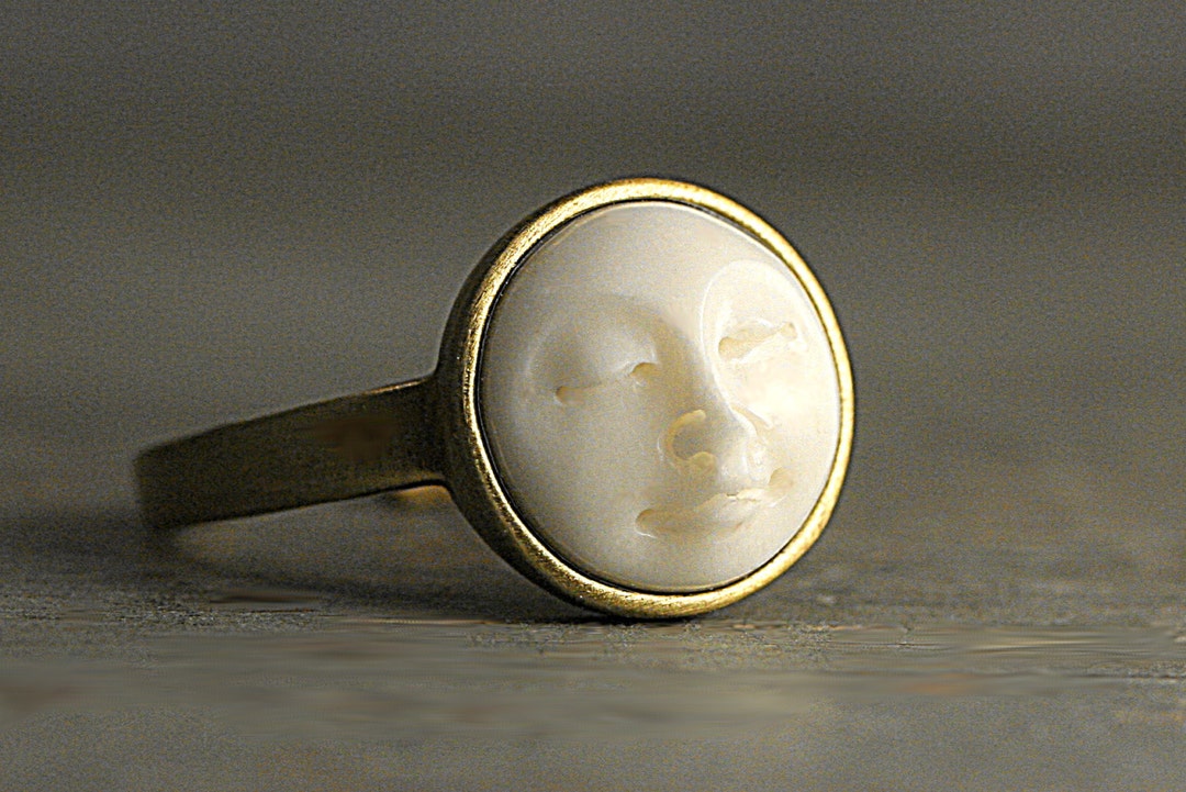 Moon Face Ring. Hand Casted Full Moon in Brass Gold Setting. 