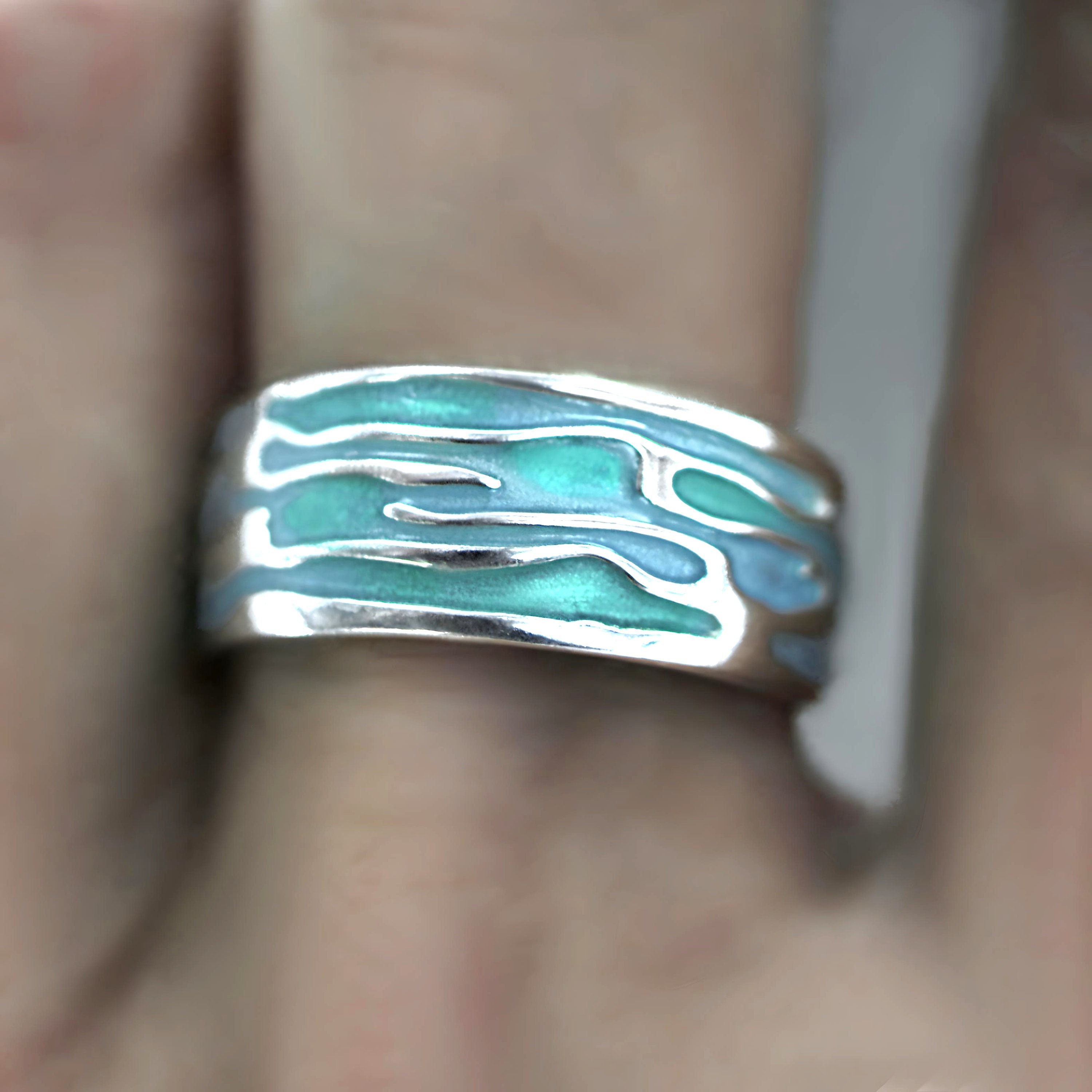 Ocean ring. Sterling Silver ring with embedded green turquoise waves. Enameled. Unique handmade holiday gift idea. Nature inspired.