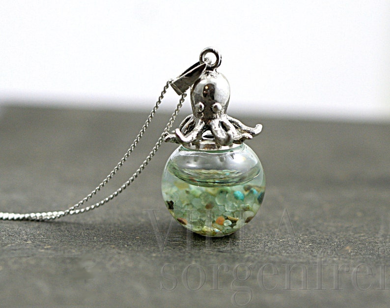 Sterling octopus seawater necklace. 925 sterling octopus carrying glass orb filled with seawater and tiny pebbles. Sterling necklace. image 5