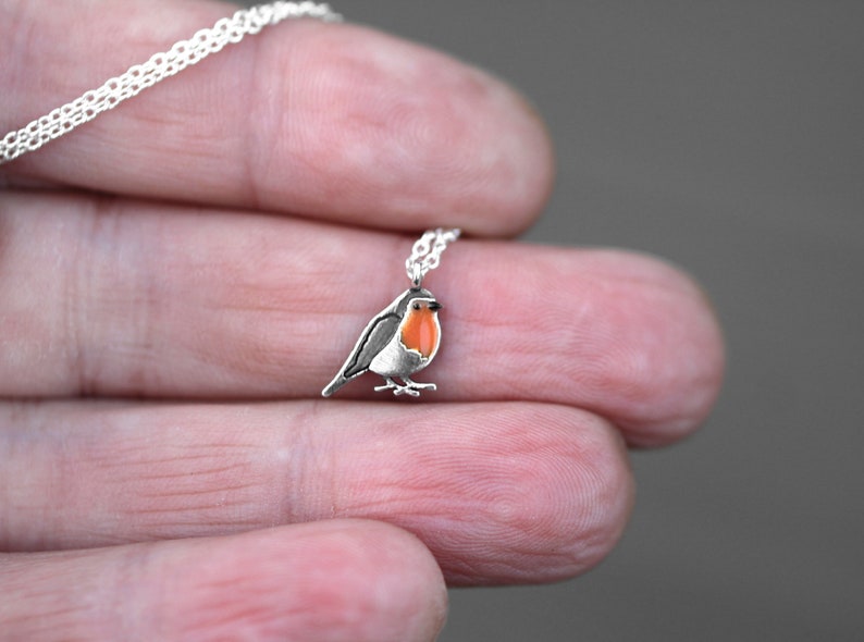 Dainty Robin Bird necklace. Sterling Silver and orange enamel. Nature inspired gift for her. image 4