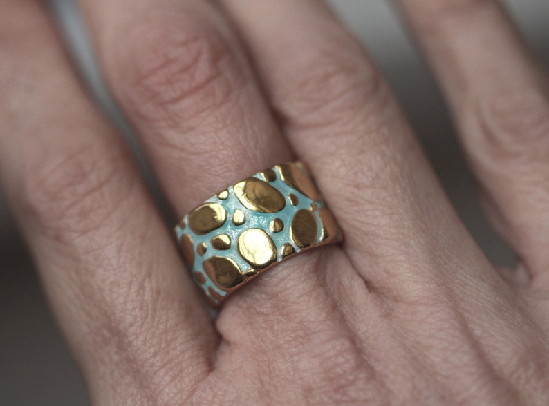 New: RIVERBED. 18K Gold Plated Sterling Silver & Aqua Enamel Ring. Waterproof. Adjustable. image 4