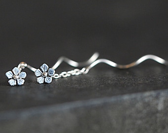 Tiny silver Forget me Not earrings. Dainty sterling threader earrings with light blue enameled blossom. Threader Stud earring for her.