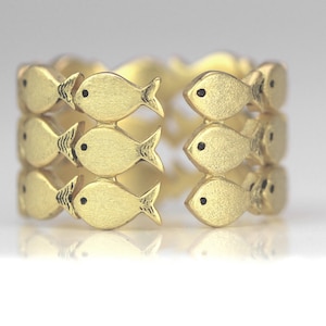 Swimming Against The Current. Sterling GOLD adjustable ring. School of fish with one silver fish swimming upstream. Best gifts for her. image 5