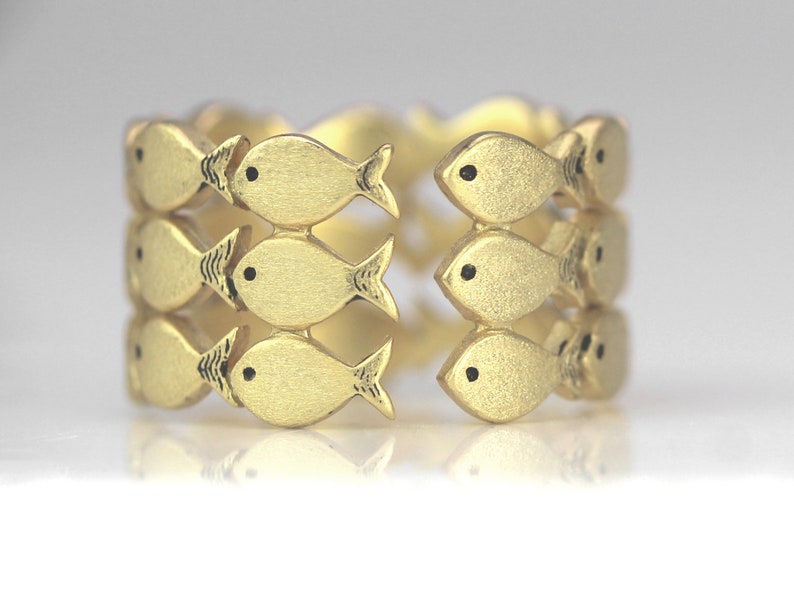 Swimming Against The Current. Sterling GOLD adjustable ring. School of fish with one silver fish swimming upstream. Best gifts for her. image 5