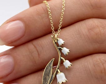 Maiglöckchen Kette vergoldetes Silber mit weißer Emaille Blüten Anhänger