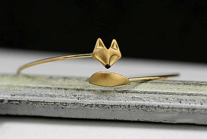 Delicate hand gilded fox bangle. Fox and tail, hand gilded and enameled. Adjustable wrap bangle. image 2