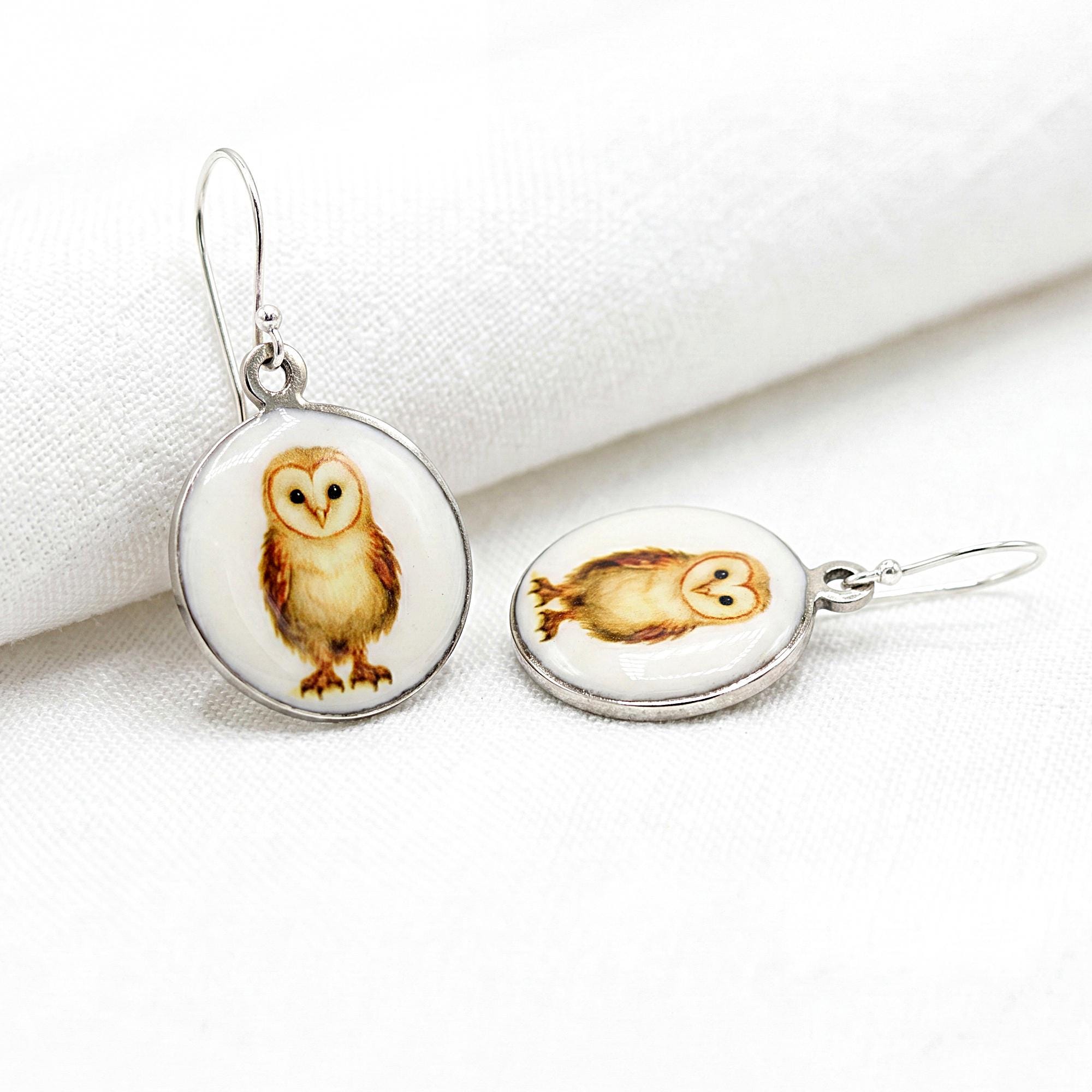 Barn Owl enamel earrings. 925 Silver Earring hooks.