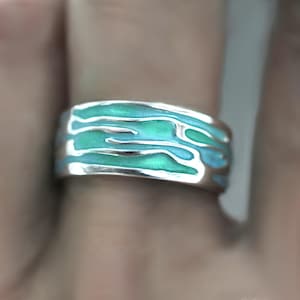 Ocean ring. Sterling Silver ring with embedded green turquoise waves. Enameled. Unique handmade holiday gift idea. Nature inspired.