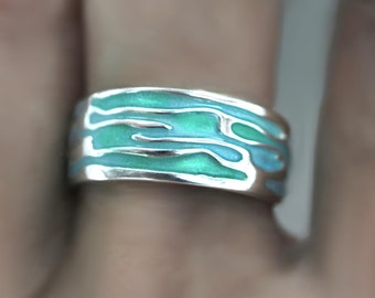 Ocean ring. Sterling Silver ring with embedded green turquoise waves. Enameled. Unique handmade holiday gift idea. Nature inspired.