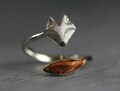 Sterling and oak wood wrap fox ring. Adjustable silver ring with fox face and wooden tail. 925 Sterling silver fox jewelry for her..