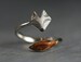 Sterling and oak wood wrap fox ring. Adjustable silver ring with fox face and wooden tail. 925 Sterling silver fox jewelry for her.. 