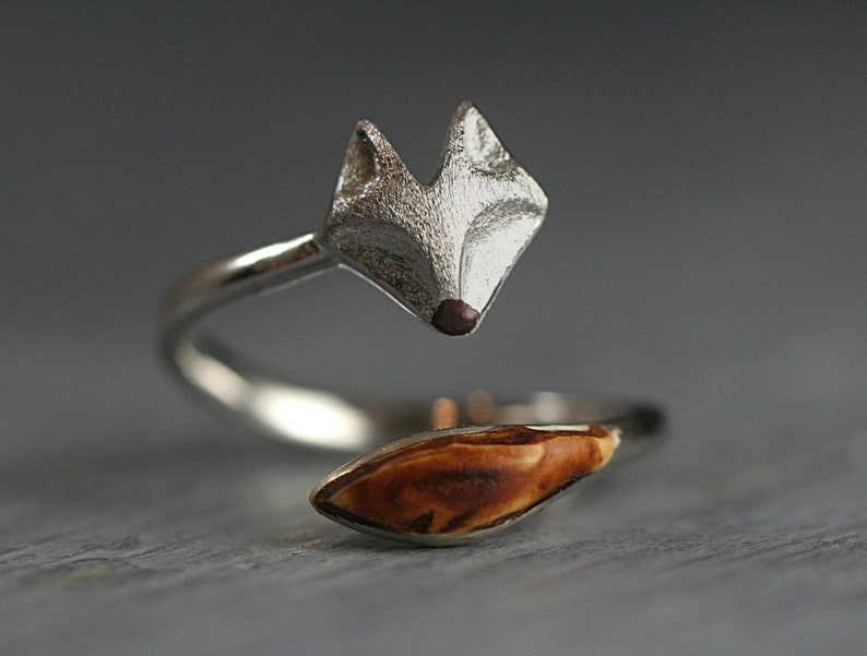 Sterling and oak wood wrap fox ring. Adjustable silver ring with fox face and wooden tail. 925 Sterling silver fox jewelry for her.. image 1