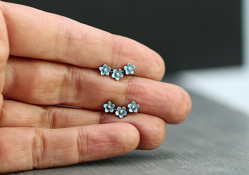 Light blue enameled dainty earrings Sterling Forget me Not stud earrings Bridesmaid earrings. Partly oxidized