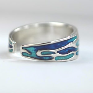 Ocean Ring. Sterling Silver ring with embedded blue turquoise waves. Enameled. Unique handmade holiday gifts. image 5