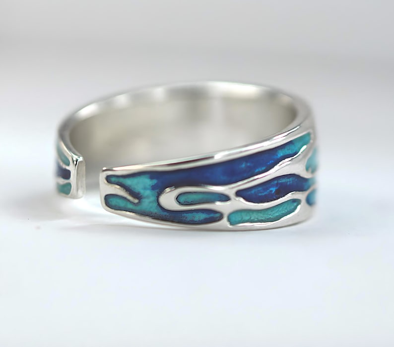 Ocean Ring. Sterling Silver ring with embedded blue turquoise waves. Enameled. Unique handmade holiday gifts. image 5