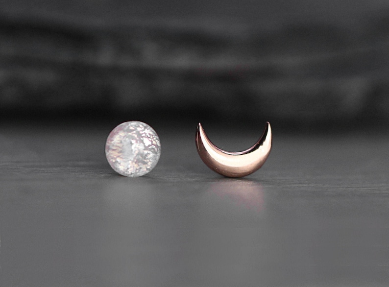 Tiny Rose Gold moon & glass opal stud earrings. Mismatched dainty earrings for her. Sterling rose gold plated. image 2