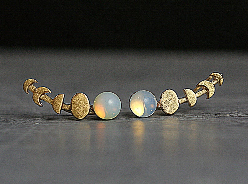 Moon Phase ear climbers. Ear crawler with glass opal. 18k gold over sterling earrings waning and waxing moon. image 3