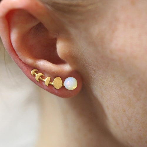 Moon Phase ear climbers. Ear crawler with glass opal. 18k gold over sterling earrings waning and waxing moon.