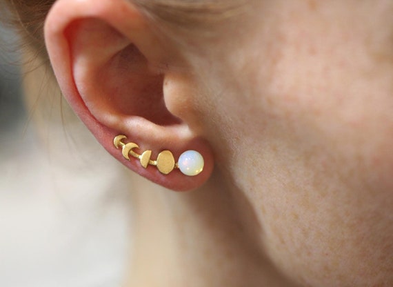 Moon Phase Ear Climbers. Ear Crawler With Glass Opal. 18k Gold