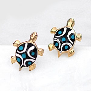 Tiny turtle stud earrings. Vermeil gold plated sterling silver and enamel. Nature inspired dainty studs for her. Waterproof.