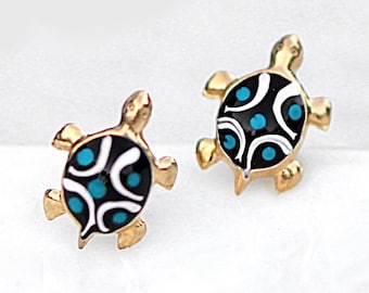 Tiny turtle stud earrings. Vermeil gold plated sterling silver and enamel. Nature inspired dainty studs for her. Waterproof.