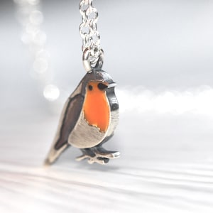 Dainty Robin Bird necklace. Sterling Silver and orange enamel. Nature inspired gift for her. image 3