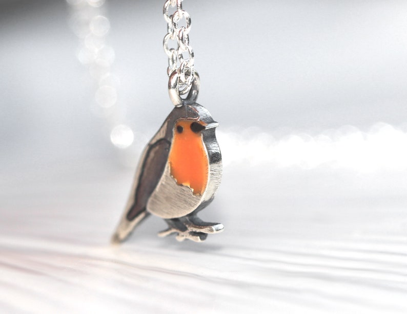Dainty Robin Bird necklace. Sterling Silver and orange enamel. Nature inspired gift for her. image 3