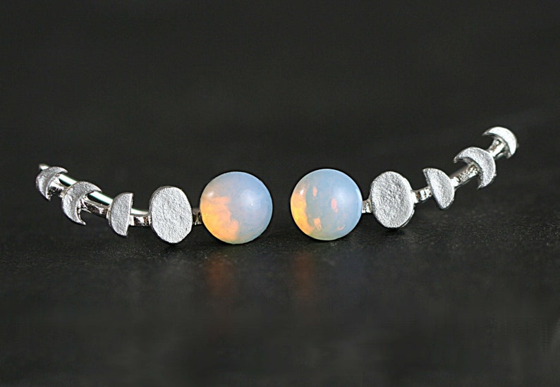 Moon Phase ear climbers. Ear crawler with glass opal. Silver ear climber waning and waxing moon. image 3