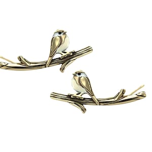 New: Chickadee bird ear climbers. Gold over Sterling Silver & enamel. Just 1 ear hole needed. Black capped chickadee. Unique gift for her. zdjęcie 3