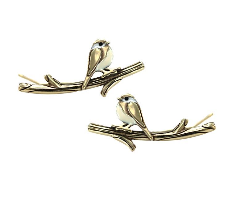 New: Chickadee bird ear climbers. Gold over Sterling Silver & enamel. Just 1 ear hole needed. Black capped chickadee. Unique gift for her. zdjęcie 3