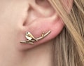 Chickadee bird ear climbers. Gold over Sterling Silver & enamel. Just 1 ear hole needed. Black capped chickadee. Unique gift for her.
