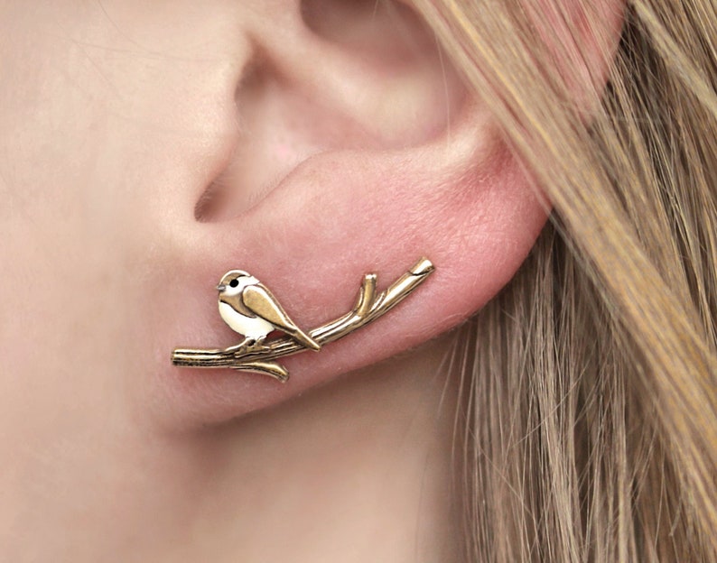 New: Chickadee bird ear climbers. Gold over Sterling Silver & enamel. Just 1 ear hole needed. Black capped chickadee. Unique gift for her. image 1