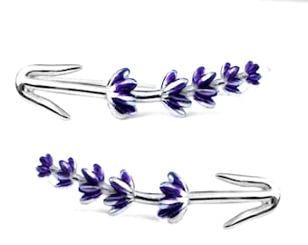 Lavendar ear climbers with enamel accents. 925 sterling silver.