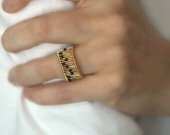 Vermeil Zwarte Agaat Verstelbare Statement Ring - Anti Angst Gouden Fidget Ring - Villa Sorgenfrei