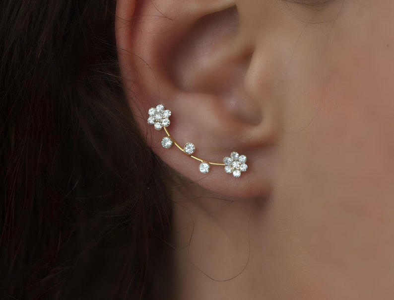 Flower ear climbers. JUST 1 EAR HOLE needed. Gold over sterling silver and cz flowers. Waterproof leightweight earrings. image 5